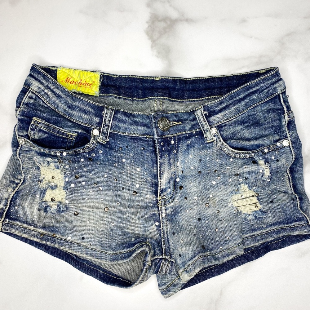 MACHINE Distressed Deconstructed Bling Shorts